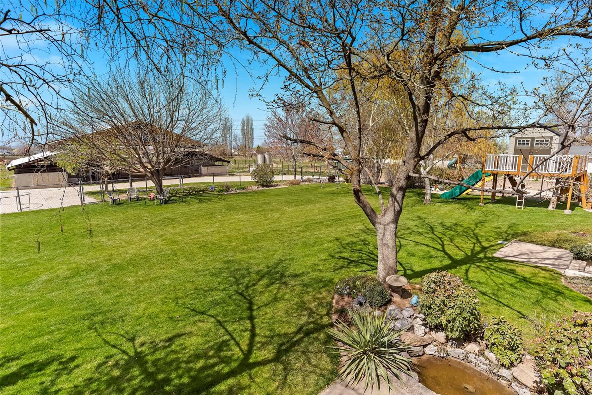 Expansive green lawn with mature trees and a built-in water feature