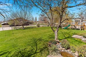 Expansive green lawn with mature trees and a built-in water feature