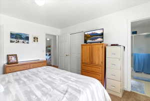 Carpeted bedroom with a built-in closet featuring bi-fold doors