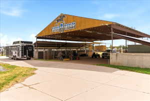 Covered equestrian facility featuring a gabled roofline, concrete paving, and an open-air design