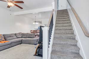 Stairs featuring carpet, ceiling fan with notable chandelier, ornamental molding, and beam ceiling