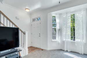 Entryway with crown molding, a wealth of natural light, carpet flooring, and baseboards