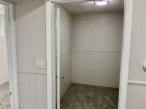 Interior space featuring carpet floors and a wainscoted wall