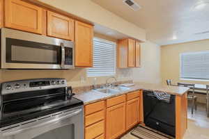 Kitchen featuring a sink, stainless steel appliances, a peninsula, visible vents, and recessed lighting