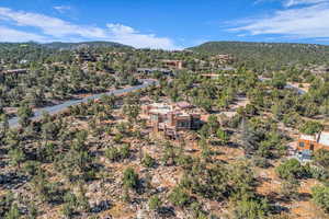 Birds eye view of property with a view of trees and a mountain view