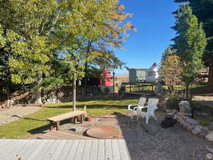 Surrounding community with a deck, a yard, and fence
