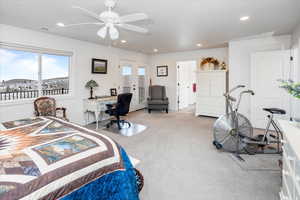 Bedroom featuring multiple windows, carpet, access to exterior, and visible vents