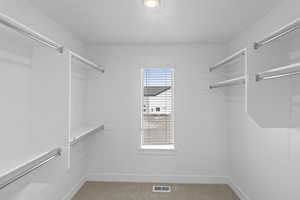 Walk in closet featuring visible vents and light carpet