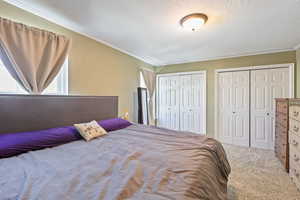 Bedroom featuring ornamental molding, multiple closets, carpet, and a textured ceiling