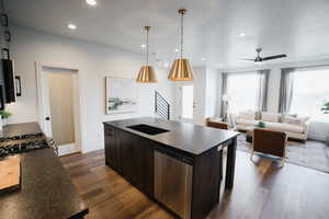 Kitchen featuring stainless steel dishwasher, dark wood-style flooring, a center island, and dark countertops