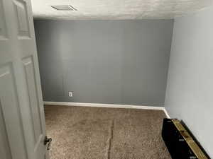Carpeted spare room featuring a textured ceiling and baseboards