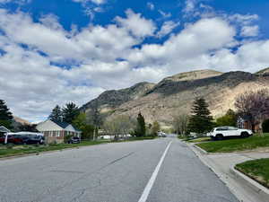 View of road with curbs and a mountain view