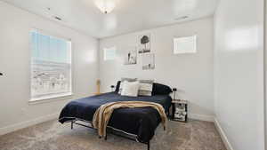 Carpeted bedroom with baseboards, multiple windows, and visible vents