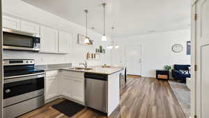Kitchen featuring a peninsula, white cabinets, a sink, stainless steel appliances, and dark wood-style floors