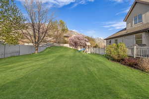 View of yard with a fenced backyard, a mountain view, and a playground