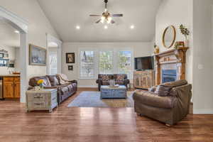 Plantation shutters, vaulted ceiling, fireplace.