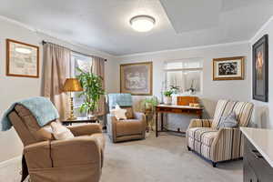 ADU Sitting room with light carpet, full daylight windows.