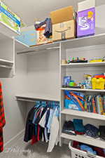 Walk in closet with carpet floors