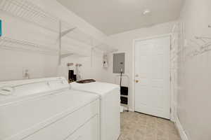 Washroom with electric panel, baseboards, washer and clothes dryer, and laundry area