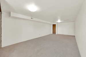 Finished below grade area with light carpet and visible vents
