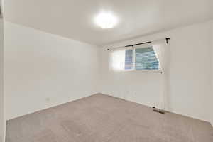 Unfurnished room featuring baseboards, visible vents, and carpet floors