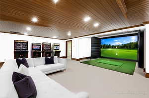 Recreation room with golf simulator, wood ceiling, and recessed lighting