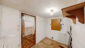 Washroom with laundry area, light colored carpet, and a textured ceiling