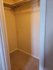 Walk in closet in master, featuring carpet floors