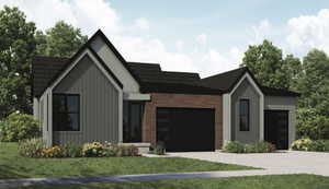 View of front facade with board and batten siding, a front lawn, a garage, and concrete driveway