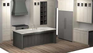 Kitchen with white cabinets, stainless steel fridge, light wood-type flooring, light stone countertops, and custom range hood