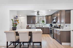 Kitchen with dark brown cabinetry, a breakfast bar, light countertops, and stainless steel appliances