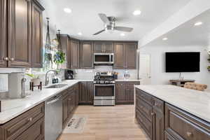 Kitchen featuring a sink, dark brown cabinets, appliances with stainless steel finishes, and recessed lighting