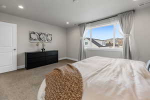 Primary bedroom featuring visible vents, baseboards, and recessed lighting