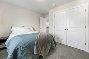 Bedroom with a closet, visible vents, and carpet