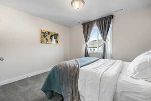 Bedroom with carpet, visible vents, and baseboards