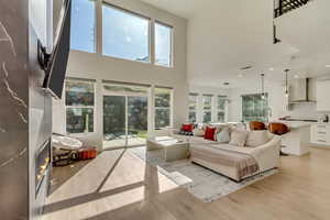 Living area featuring a wealth of natural light, a high end fireplace, and light wood finished floors