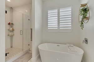 Bathroom with a shower stall and a freestanding bath