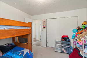Carpeted bedroom with a closet and a textured ceiling