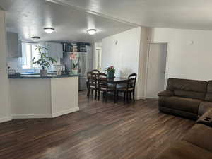 Living room with dark wood finished floors