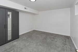 Finished basement with carpet, visible vents, and baseboards