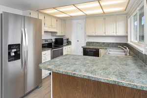 Kitchen featuring a peninsula, under cabinet range hood, a sink, stainless steel appliances, and light wood finished floors