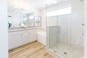 Bathroom featuring a shower stall, a sink, and wood finished floors