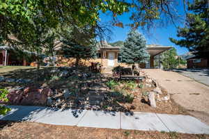 View of property hidden behind natural elements with driveway and a carport