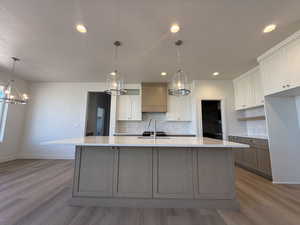 Kitchen featuring wood finished floors, tasteful backsplash, light countertops, white cabinets, and recessed lighting