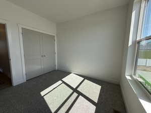 Unfurnished bedroom featuring carpet, baseboards, and a closet
