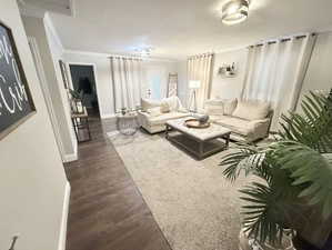 Living room featuring crown molding, dark wood-style flooring, and baseboards