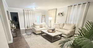 Living area with crown molding, baseboards, and dark wood finished floors