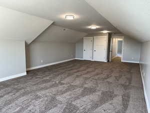 Additional living space with baseboards, carpet flooring, lofted ceiling, and a textured ceiling