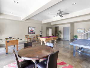 Community rec room featuring pool table, finished concrete floors, recessed lighting, baseboards, and beam ceiling