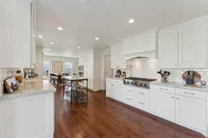 Kitchen featuring custom exhaust hood, white cabinets, a sink, dark wood-style flooring, and appliances with stainless steel finishes
